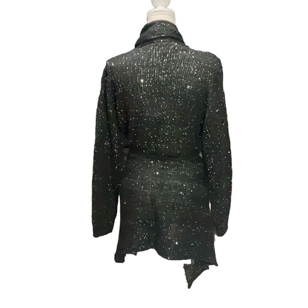 Shape FX Black Small Sequin Open Front Cardigan Sweater Loose Knit Waist tie OS - Picture 2 of 4